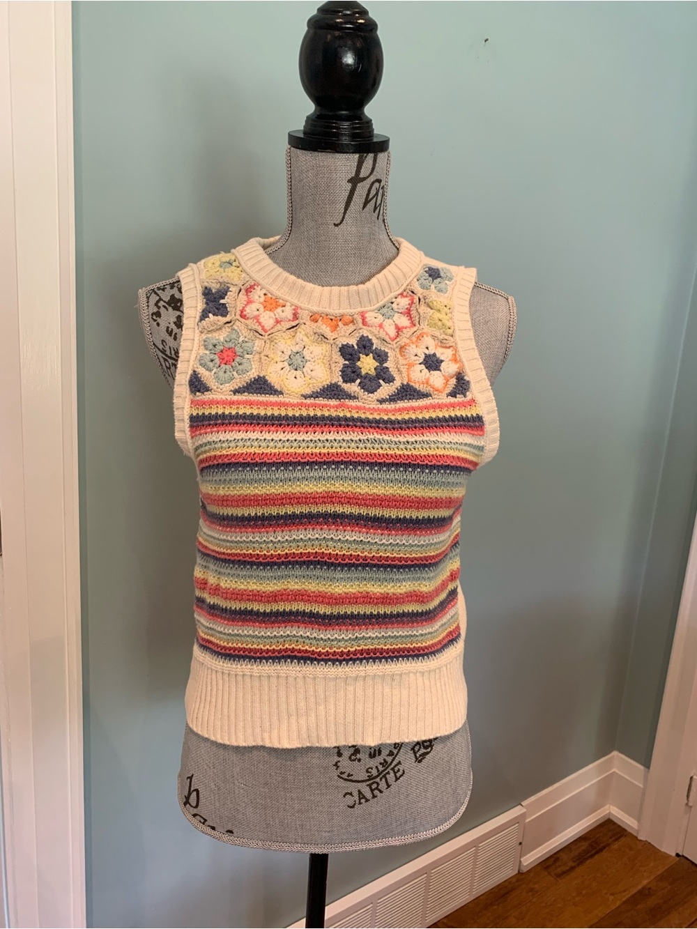Cream Multicolor Striped Crochet Floral Knit Tank Top